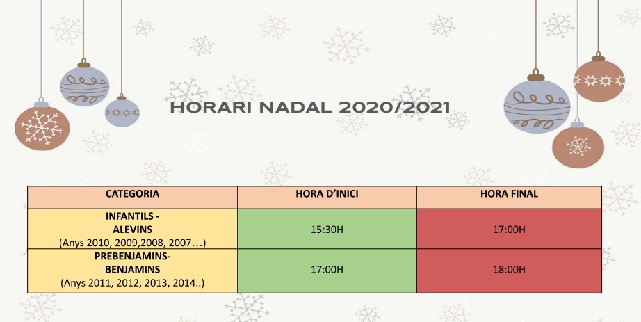 Nous horaris d'entrenaments Festes de Nadal