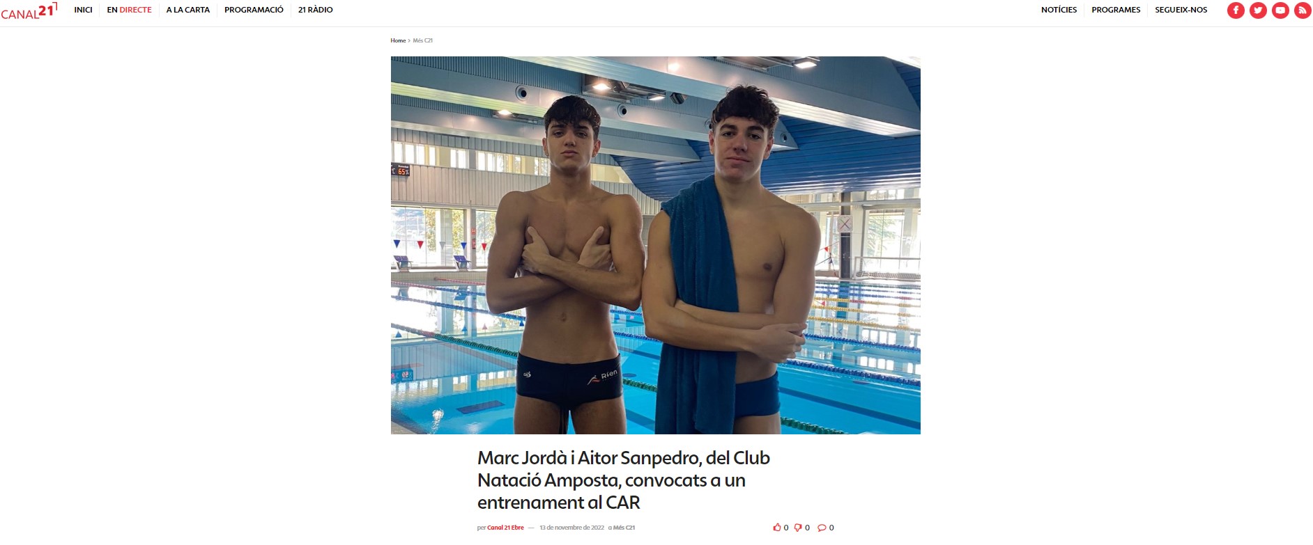  NOTÍCIA CANAL 21! MARC JORDÀ I AITOR SANPEDRO, del Club Natació Amposta, convocats a un entrenament al CAR